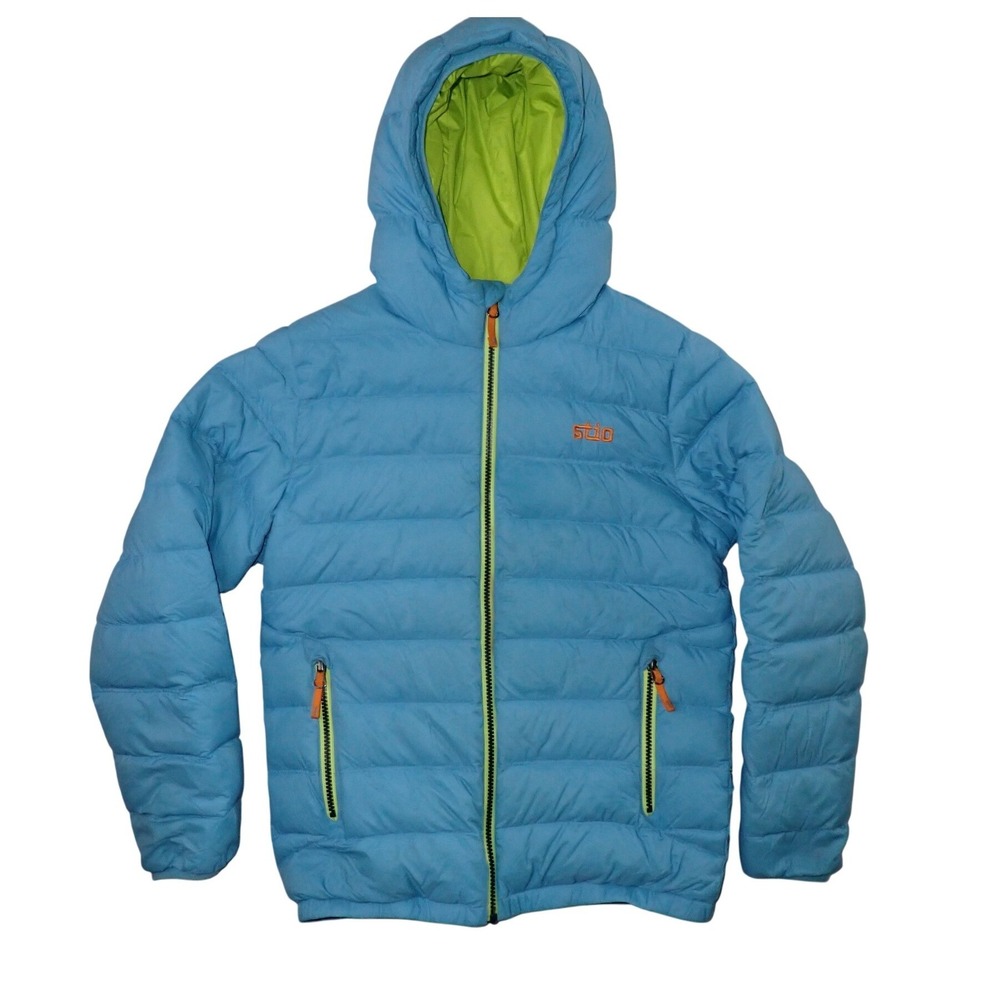 Stio Kids Hometown Down Hooded Jacket Blue Lime Green Puffer Size 14